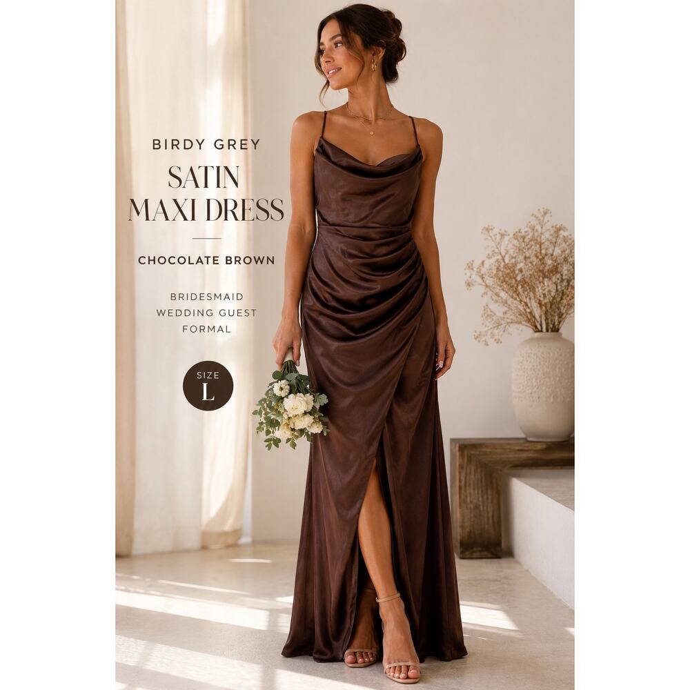 Birdy Grey Chocolate Brown Satin Cowl Neck Maxi Dress L Formal Bridesmaid
